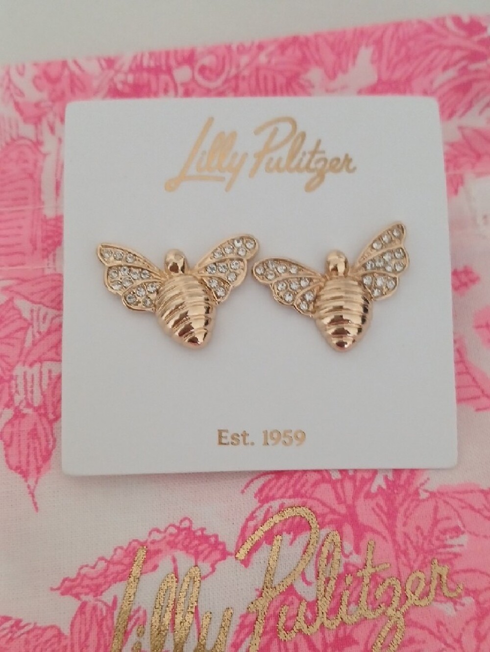 Lilly Pulitzer Gold Bee Earrings with Pink Pouch